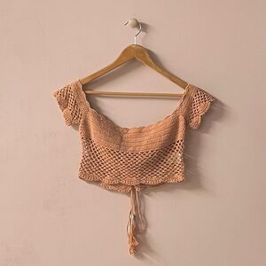 Clo Tan Crochet Knit Off-the-Shoulder Tie-Back Crop Top Size S GUC